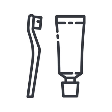 Line icon of a dental care. Tooth paste and thooth brush symbol isolated