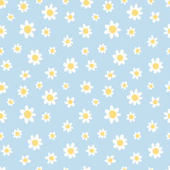 Chamomile on blue background. Cute seamless simple pattern. Modern summer flat style.