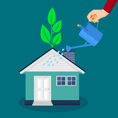 businessman plant tree and houses. building a house. vector illustration