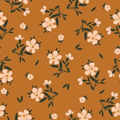 Seamless vintage pattern. Wonderful beige flowers and dark green leaves on a terracotta background. vector texture. fashionable print for textiles, wallpaper and packaging.