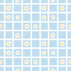 Chamomile in white lattice on blue background. Cute seamless pattern. Summer and spring texture great for fabric and paper.