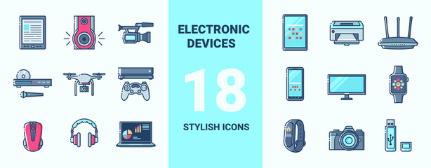 Set of colored icons on the theme of smart devices and gadgets, computer hardware and electronics. Vector stylish outline flat illustrations on light background.