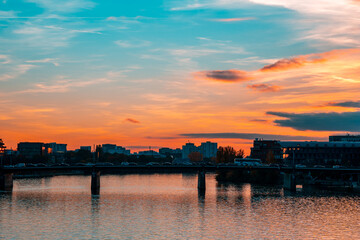 Fototapeta premium Frankfurt skyline during the sunsnet and blue hour 27 October 2021