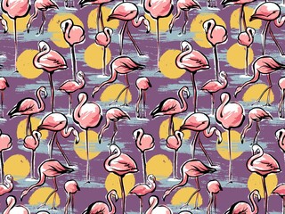 Seamless pattern. Pink flamingo with the sun, on a purple background. Sketch by hand. Stylish fashion pattern.