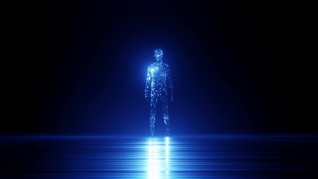 Abstract digital human figure in a dark space. Futuristic simulated virtual transformation of man body and reality concept