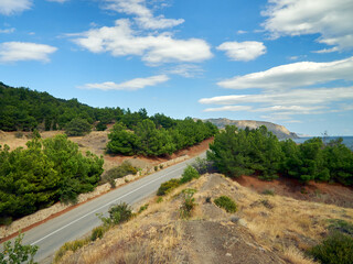 the road goes uphill, Crimean pine grows on the mountain slopes, cloudy sky, summer landscape