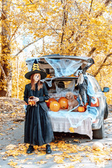 teenage girl in witch costume and hat and cute poodle dog in ghost costume sits in trunk car...