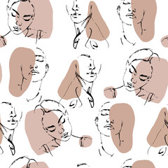 Portret minimalistic style. Continuous line. Hand-drawn vector seamless pattern with portraits in modern style. - 465938495