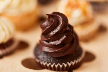 Kleiner brauner Cupcake mit Schokocreme als Dekoration