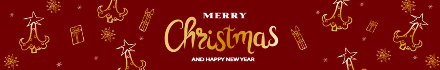 Christmas banner. Holiday Background with hand-drawn gifts boxes, christmas candy canes and snowflakes. Horizontal Christmas header for website template, flat top view.