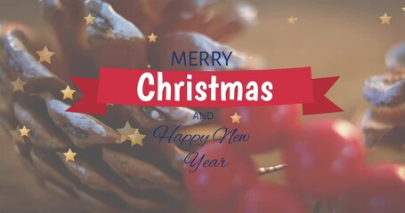 Animation of merry christmas text over pine cones and stars falling