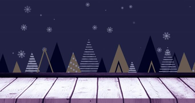 Animation of snow falling over fir trees at christmas