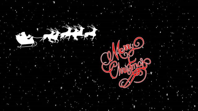 Animation of merry christmas text over santa in sleigh and snow falling