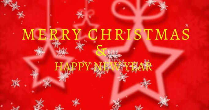 Animation of merry christmas text over stars and snow falling