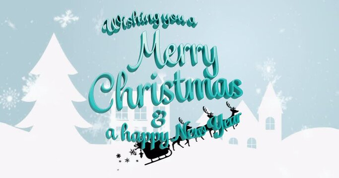 Animation of merry christmas text over winter scenery and snow falling