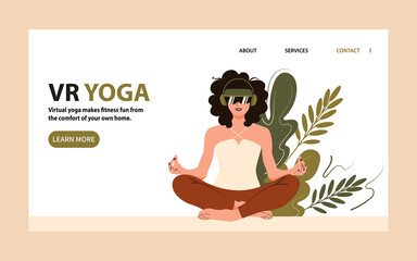Virtual yoga landing page. Woman in vr glasses in lotus position for web banner. Flat vector illustration