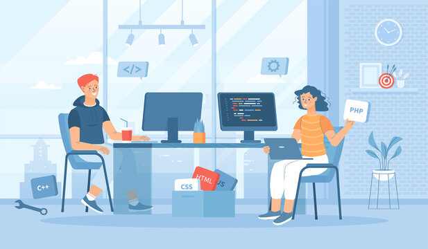 Developers team. Optimization, development, testing app. Programmers creates software.  Flat cartoon vector illustration with people characters for banner, website design or landing web page