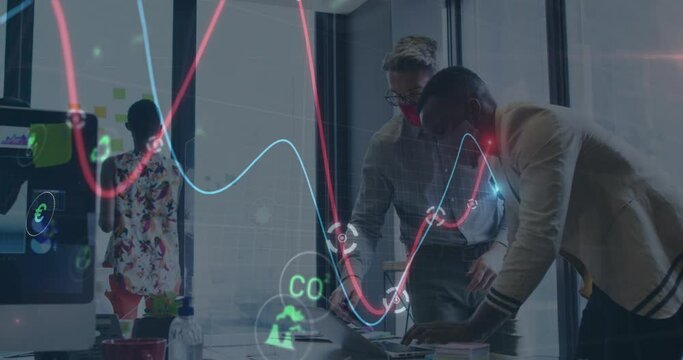 Animation of financial data processing over diverse business people with face masks at meeting - Powered by Adobe