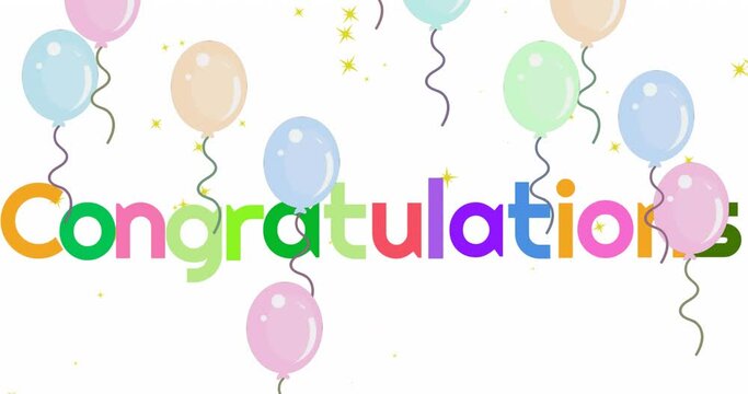 Animation of congratulations text over stars and balloons on white background