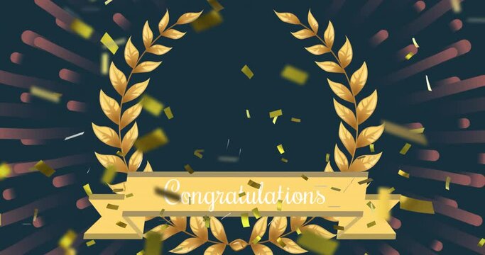 Animation of congratulations text over confetti and crown on green background