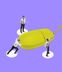 Modern design, contemporary art collage. Inspiration, idea, trendy urban magazine style. Young businessman pushing huge computer mouse