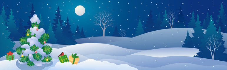 Vector cartoon illustration of winter forest panorama with Christmas tree and gifts