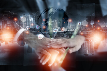 Fototapeta premium Top view Double exposure photo.Picture mix building city and young man putting hands together.show Confident,partnership,Collaboration.Photo team success and winner concept idea.