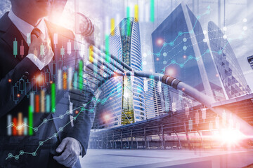 Double exposure picture.photo mix  building city with icons graph and businessman standing.deal,partnership,
Development,meeting,action.Picture concept work woman and business.