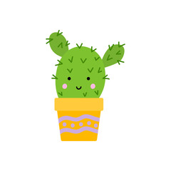 Cute cactus flat style vector illustration on white background. Houseplant succulent. Funny cacti with faces in pots for design, cards, stickers.
