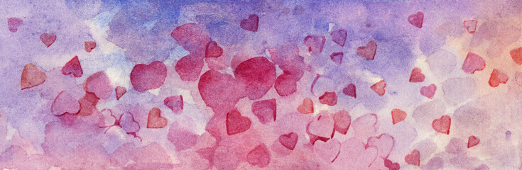 Fototapeta na wymiar Romantic watercolor background for design and creativity. Pink hearts on an abstract watercolor background. Delicate watercolor background for Valentine's Day.