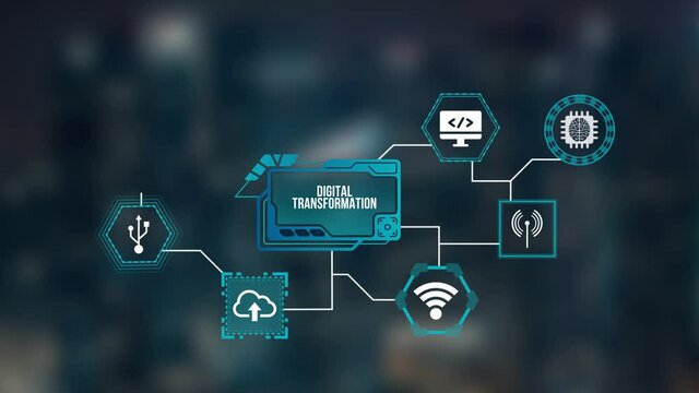 Internet, business, Technology and network concept.Concept of digitization of business processes and modern technology. Digital transformation. Virtual button.