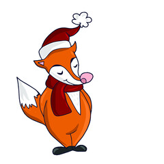 Funny Fox in a hat and red scarf. Vector children's sticker design on white isolated background.