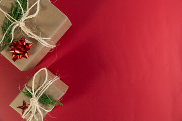 Top view Christmas gift boxes copy space christmas gift concept idea photo on red background