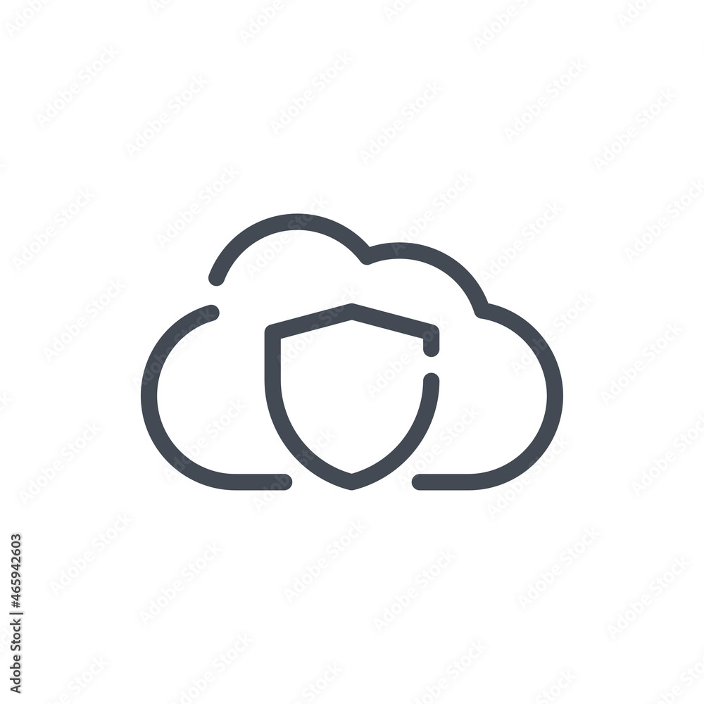 Poster cloud service with shield protection line icon. online storage guard and security vector outline sig