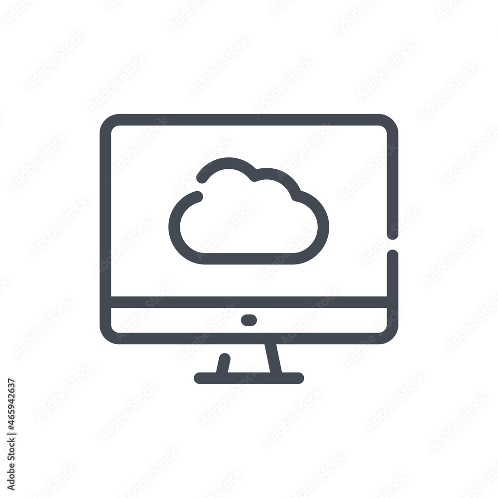 Wall mural computer with cloud service line icon. online connection to cloud network vector outline sign.