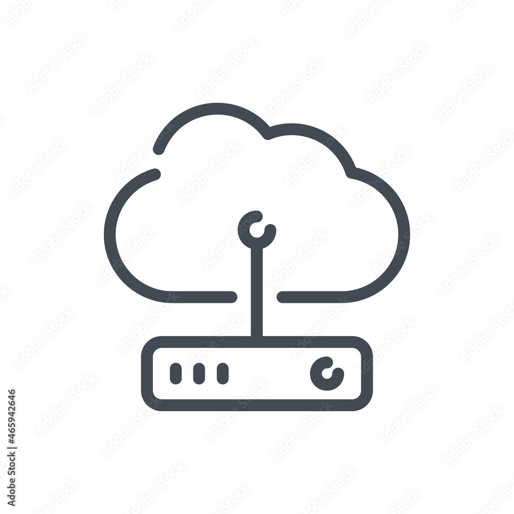 Poster cloud service with connection to server line icon. online storage hardware vector outline sign.