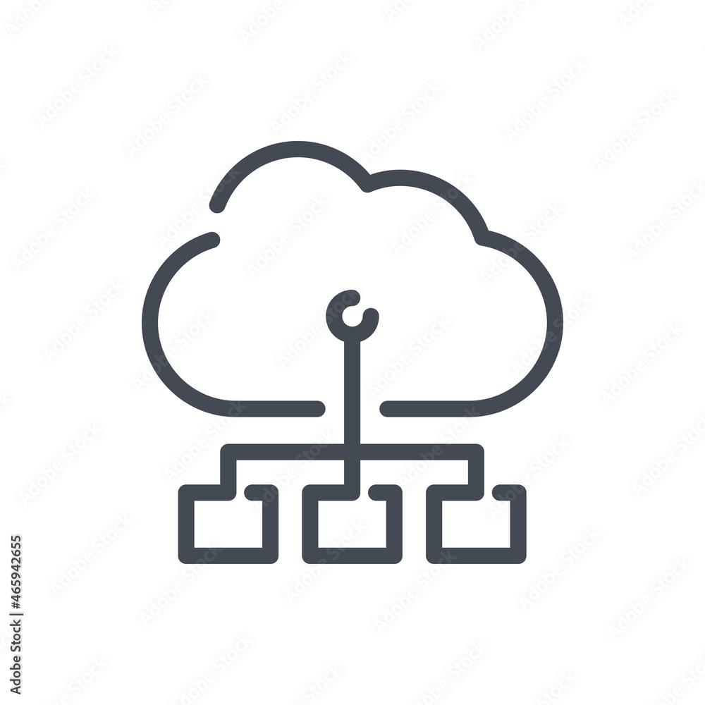 Poster cloud service with task request line icon. online storage structure vector outline sign.