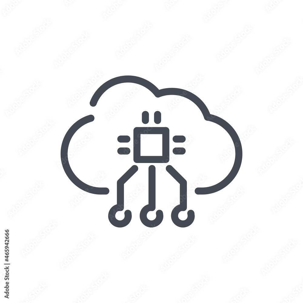 Poster cloud service with connection to hardware line icon. online storage network vector outline sign.