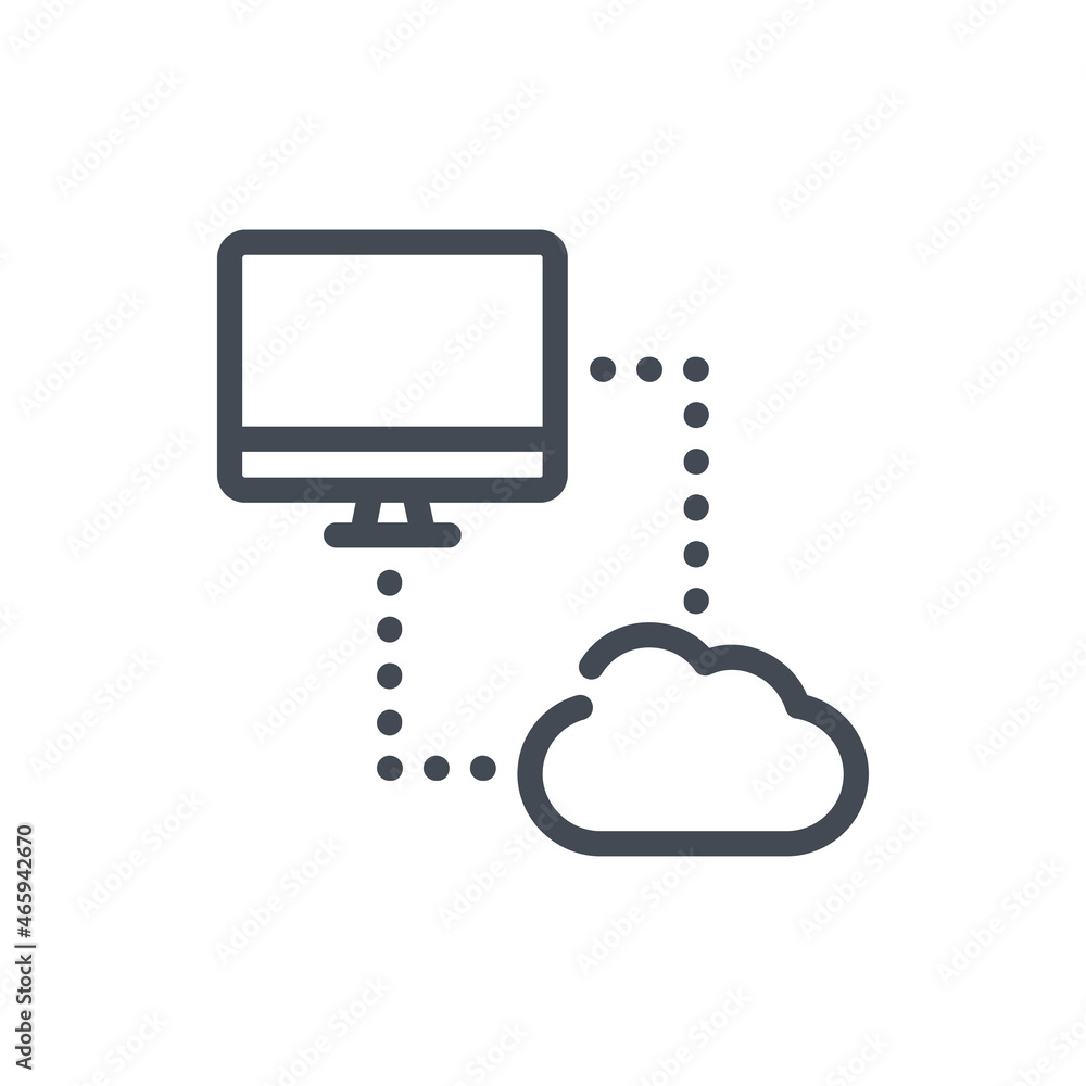 Poster computer with connection to cloud service line icon. online network data transfer and connection vec