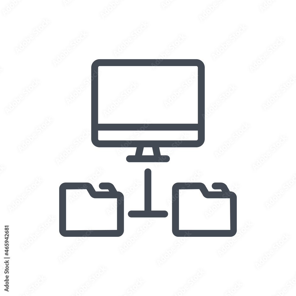 Poster computer with connection to folders line icon. file management network vector outline sign.