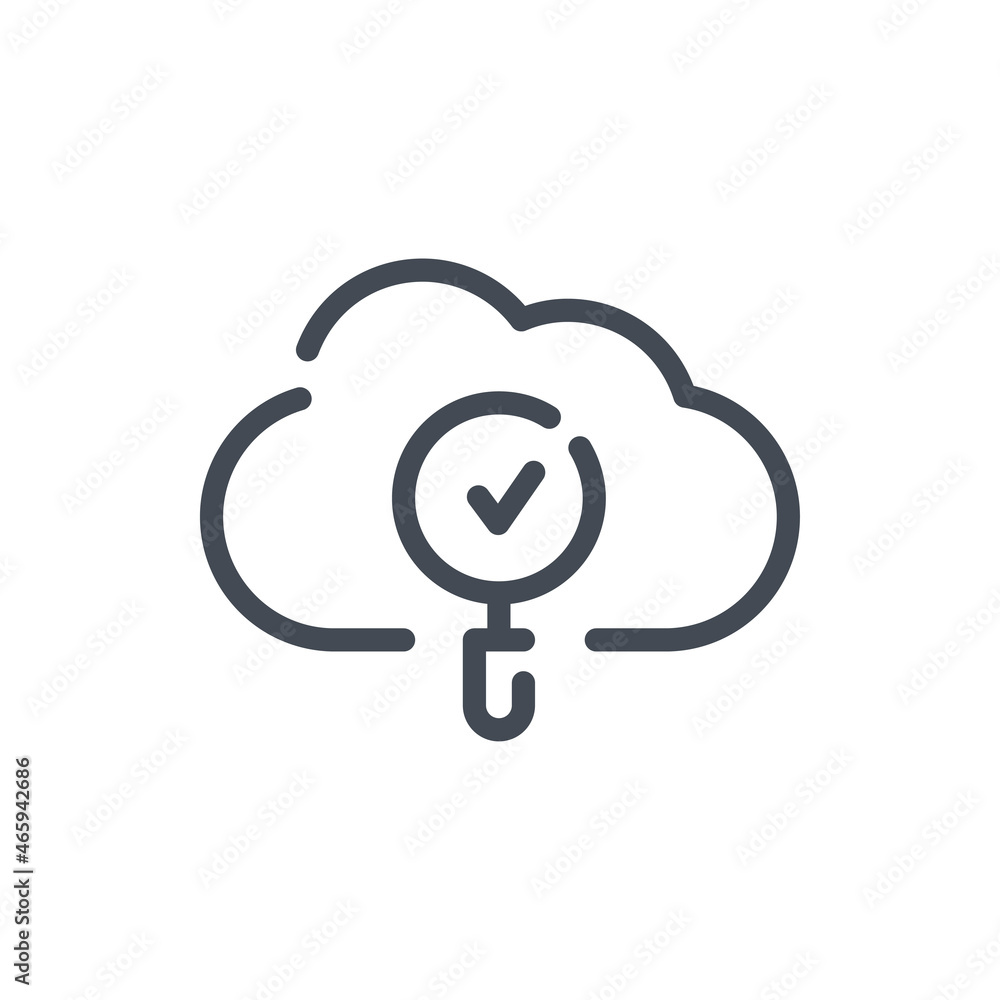 Poster cloud service with magnifier and check mark line icon. online storage research vector outline sign.
