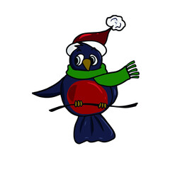 Cute bullfinch in a hat. Vector children's sticker design on white isolated background.