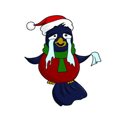 Cute bullfinch in a hat. Vector children's sticker design on white isolated background.