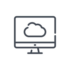 Computer with cloud service line icon. Online connection to cloud network vector outline sign.