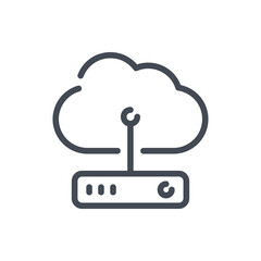 Cloud service with connection to server line icon. Online storage hardware vector outline sign.