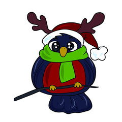 Cute bullfinch in a hat. Vector children's sticker design on white isolated background.