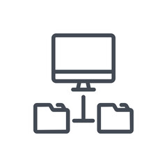 Computer with connection to folders line icon. File management network vector outline sign.
