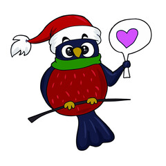 Cute bullfinch in a hat. Vector children's sticker design on white isolated background.