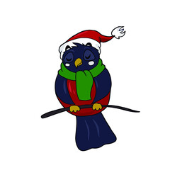 Cute bullfinch in a hat. Vector children's sticker design on white isolated background.