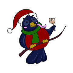 Cute bullfinch in a hat. Vector children's sticker design on white isolated background.